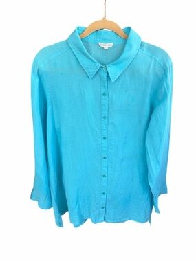 Eileen Fisher 100% Organic Irish Linen Turquoise Button-Up Blouse Size L Coastal